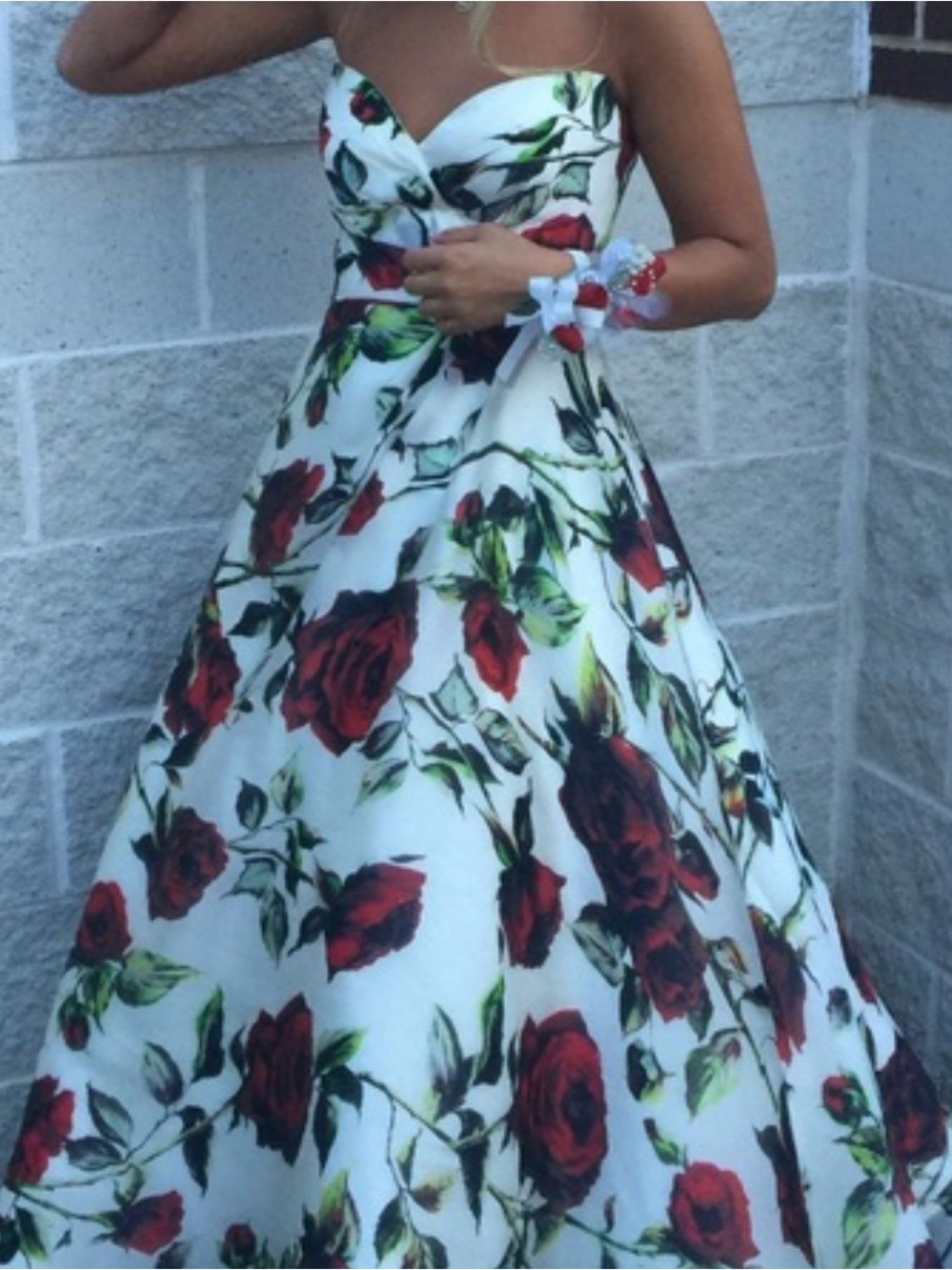 Floral Red Rose Print Ball Gown